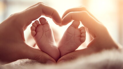 A pair of adult hands form a heart shape around the tiny feet of a newborn baby, symbolizing love and protection