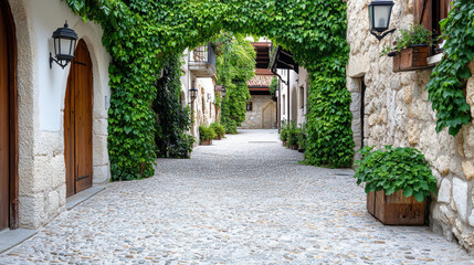 Obraz premium Charming historic city alley adorned with lush greenery and stone walls, inviting exploration