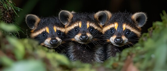 Obraz premium Three adorable baby raccoons peek from lush greenery, their dark fur and striking facial markings creating a captivating trio