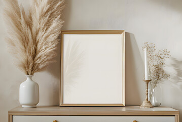 Gold Mockup Poster Frame on Dresser with Pampas Grass Bouquet Decoration