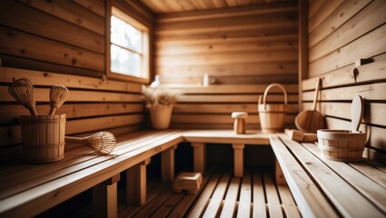 Traditional accessories in an unoccupied wooden sauna room