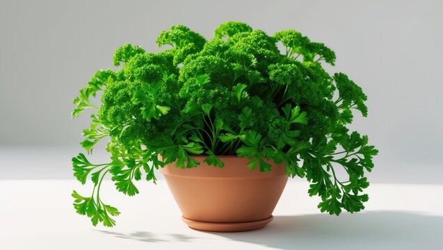 Close-up of fresh parsley in a clay pot isolated on a white background