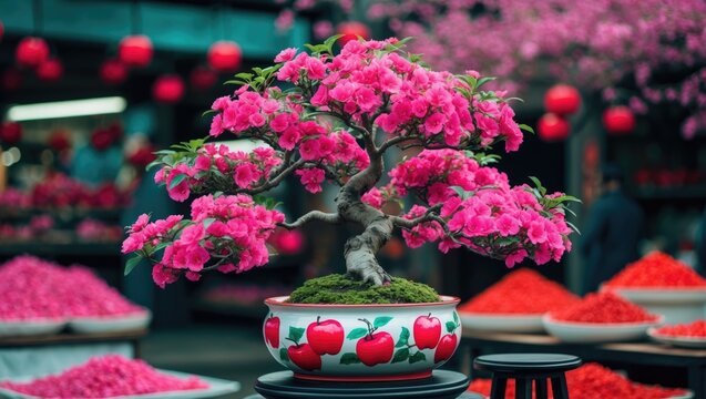 A bowl containing a pink bonsai tree and red flowers is placed on a stand.