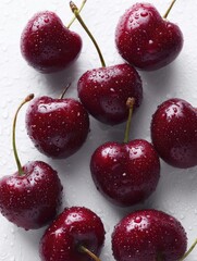 Fresh, vibrant cherries with water droplets, arranged on a clean white surface