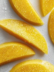 Fresh, vibrant mango slices with water droplets, arranged on a clean white surface