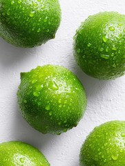 Fresh, vibrant limes with water droplets, arranged on a clean white surface