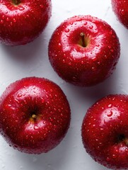 Fresh, vibrant apples with water droplets, arranged on a clean white surface