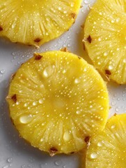 Fresh, vibrant pineapple slices with water droplets, arranged on a clean white surface