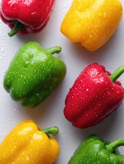 Fresh, vibrant bell peppers with water droplets, arranged on a clean white surface