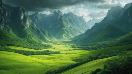 Obraz premium A vast woodland, mountain ranges, and a stunning emerald landscape. Captivating Background Photo Realistic Conceptual Art digital artworks utilized as backgrounds Scenery Visuals CG Visuals Serious