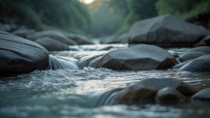 Fototapeta premium Close-up of the river meandering through rocks, stunning stone textures shaped by water, intentionally blurred background.