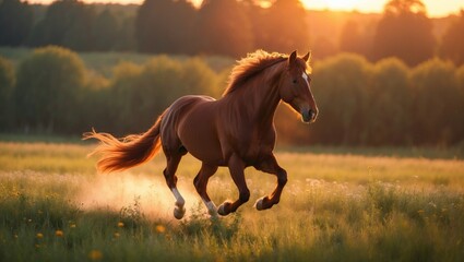 Fototapeta premium A red-colored horse racing across a plains