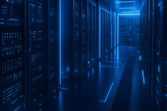 Futuristic data center with glowing blue server racks in a secure facility. This high-tech environment represents cloud computing, cybersecurity, and modern digital infrastructure.