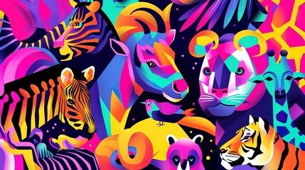 Fototapeta premium Dive into the Vibrant World of Pop Memphis Colorful Animals: A Whimsical Journey Through Bold Hues, Playful Shapes, and Eclectic Creatures