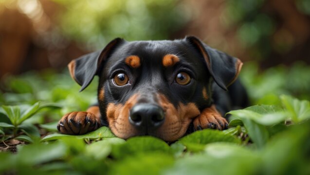 Adorable chubby black miniature pinscher with brown eyes displaying a curious expression while resting outdoors on the garden floor, captured in close-up with selective focus.