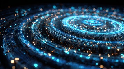 Digital abstract art featuring glowing blue circles and lines representing technology and innovation in a cosmic style