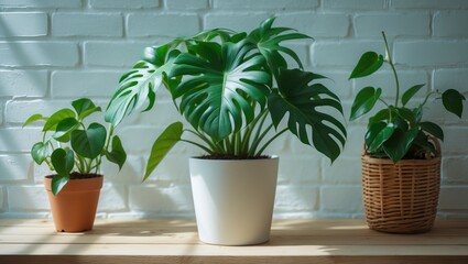 Obraz premium Indoor plant in a flower pot on a white table, close-up view.