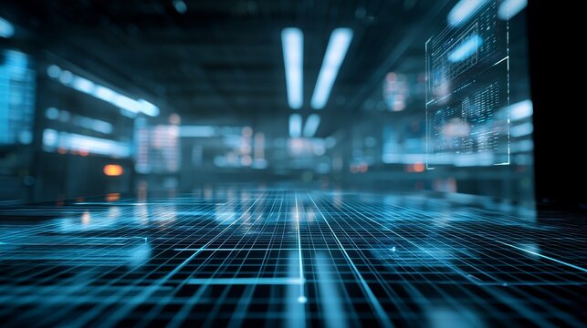 bright technology perspective grid, bluish hues, glowing interface panel, perspective from the right, background resembling an office space or server room vibrant and bright colors