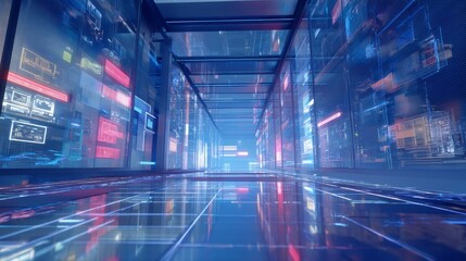 bright technology perspective grid, bluish hues, glowing interface panel, perspective from the right, background resembling an office space or server room vibrant and bright colors