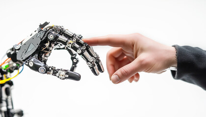 Robot hand making contact with human hand. Human arm and the siber hand bionic prosthesis. Modern machine technologies, innovation artificial intelligence