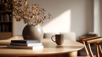 Calm Scandinavian style room, table close-up, soft natural light, earthy tones, hygge style