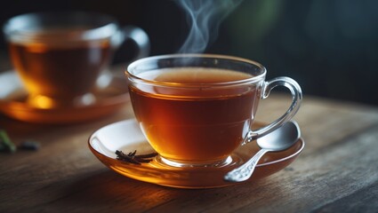 Warm black tea cup in close proximity on a wooden surface, enjoying a relaxing tea moment