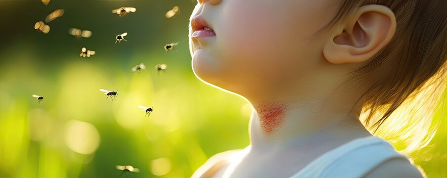 Close-up of a baby's neck with redness from an insect bite, with flies flying around in the green grass background.
