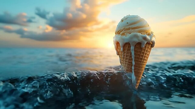 The Earth melting like an ice cream cone in the rising sea