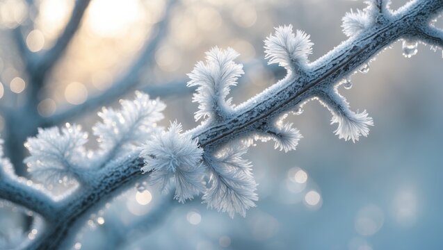Close-up macro photography of a frosted branch