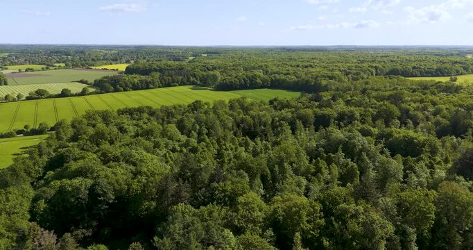 different fields and forest in germany landscape arieal with a blue sky and little clouds