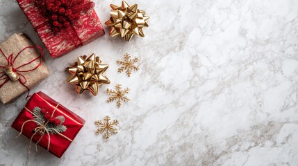 Fototapeta premium Christmas and New Year holiday background. Xmas greeting card. Christmas gifts on white marble background top view. Flat layout