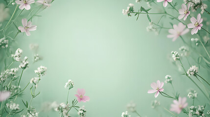 Pastel Flower Frame on Green Background