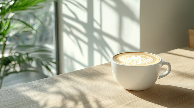 Latte with beautiful rosette pattern sits wooden table, illuminated by sunlight. shadows