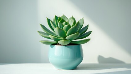Clear image of a succulent in a teal planter against a white backdrop