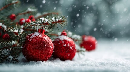 christmas and new year holidays concept. Red balls on fir branches, winter snowy backdrop. festive winter season background