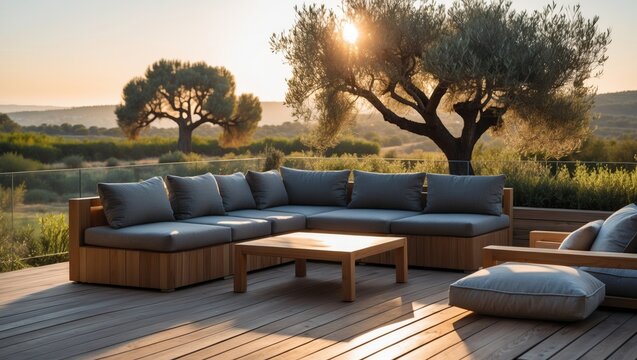 Relaxation spot with cushions on the terrace deck