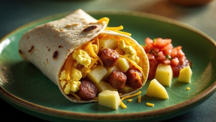 Tasty Morning Burrito Featuring Eggs, Sausage, Cheese, and Fresh Vegetables