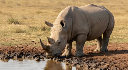 Fototapeta premium Majestic rhino drinking water in african savanna wildlife photography safari adventure travel destination on transparent background