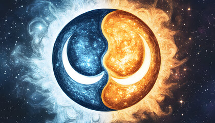Radiant Sun and Crescent Moon in a Yin Yang Design Surrounded by Cosmic Stars and Galaxies, Symbolizing Day and Night Balance