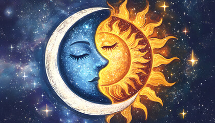 Celestial Yin Yang Symbol with Radiant Sun and Crescent Moon Surrounded by Spiraling Stars and Galaxies Representing Light and Dark Balance