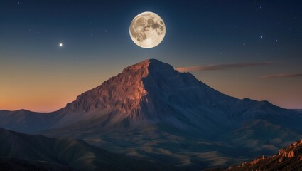 Stunning twilight scenery of Mountain Peak, featuring a full moon above
