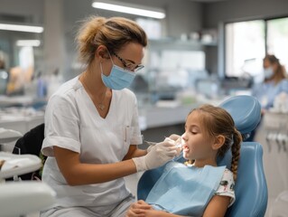 Female dentist treating child patient in dental office during day