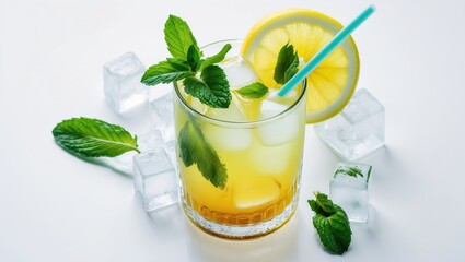 Fototapeta premium Chilled iced tea with mint, lemon slice, and straw on a white background