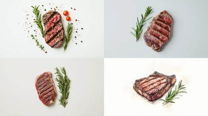 Four grilled steaks presented, some with rosemary sprigs, against a white backdrop