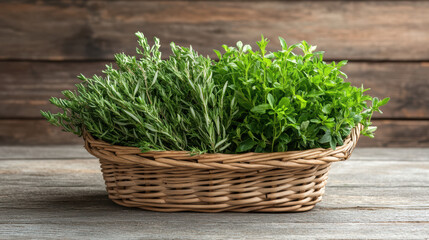 Fototapeta premium Fresh herbs in woven basket, perfect for cooking and seasoning dishes