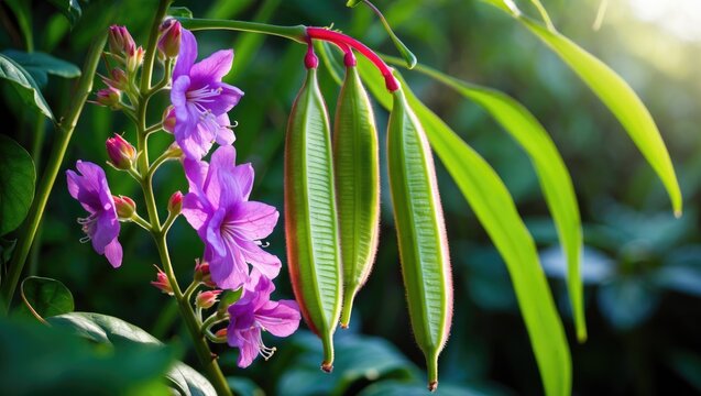 Lablab purpureus; New flat pods attached to stalks alongside flowers.