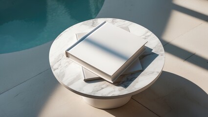 Vacation Reading. Blank Book Mockup Design on Table by Swimming Pool