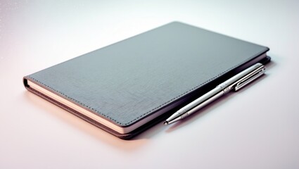 Closed grey notebook alongside a pen, set against a white backdrop