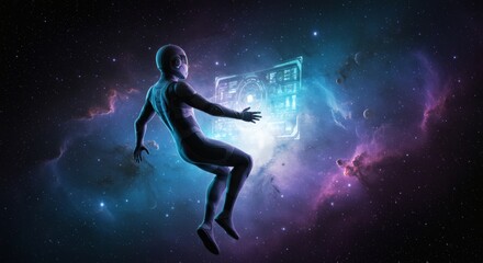 Fototapeta premium Astronaut Navigating Space with Futuristic Interface Amidst Colorful Nebula