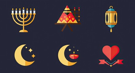 Colorful flat design illustrations of diverse religious and cultural symbols on dark background